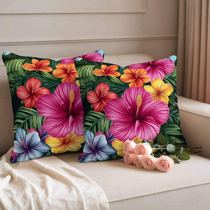 Hibiscus Flower Pink Floral Waterproof Pillow Covers Set of 2,Country Watercolor Green Leaves Outdoor Pillow Protectors with Zipper Pillowcases for Patio Tent Garden Beach 26x26 Inches
