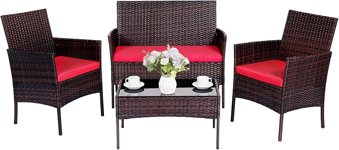 Patio Furniture Set 4 Pieces, Outdoor Rattan Furniture with Tempered Glass Coffee Table, Modern Rattan Patio Chairs Conversation Sets with Sofa for Garden, Terrace, Porch, Lawns Brown/Red
