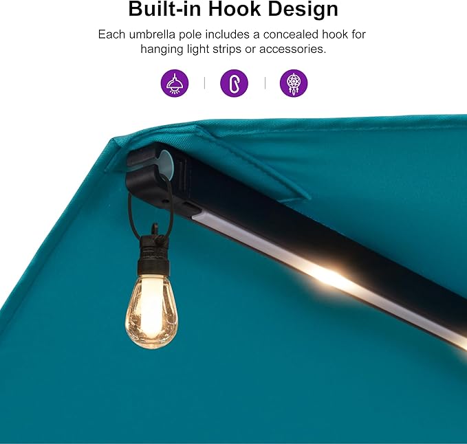PURPLE LEAF 14ft Patio Market Umbrella with Solar LED and Base Double-Sided Rectangle Outdoor Table Sun Umbrellas with Crank for Pool Beach Deck Backyard Turquoise Blue