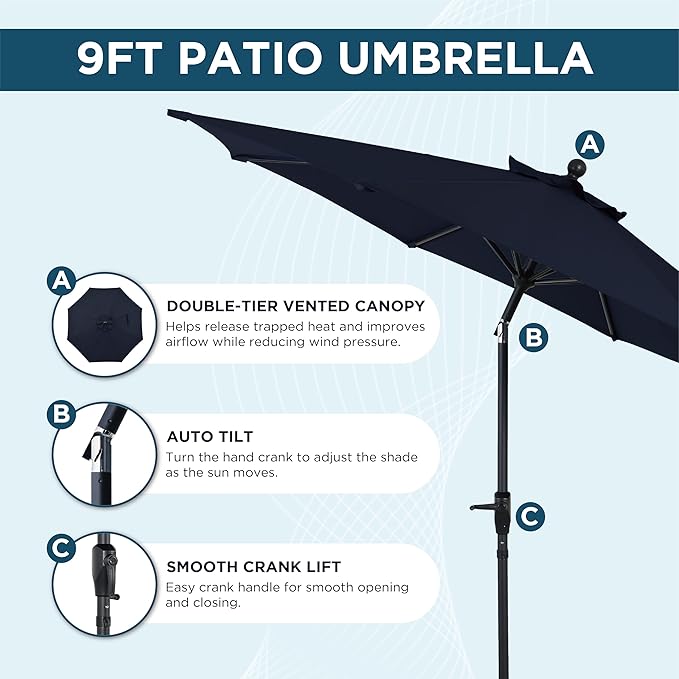 9FT Outdoor Patio Umbrella with Crank Lift & Auto Tilt - Market Umbrella, 8 Heavy-Duty Ribs, UV Resistant & Water-Repellent for Garden, Deck, Poolside & Backyard
