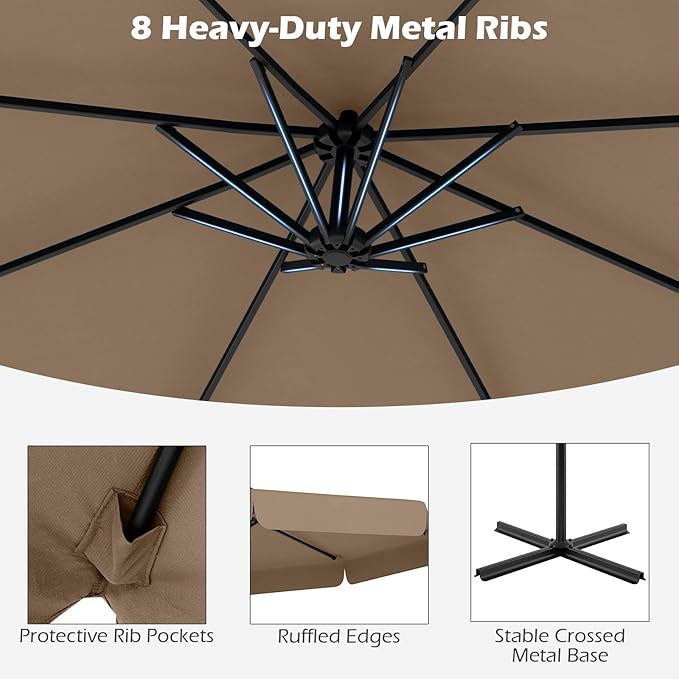 Tangkula 10FT Offset Hanging Umbrella with Cover, Patio Cantilever Umbrella w/ Easy Tilt Adjustment, Crank, Ruffled Edge, 8 Ribs, Sun-Protective Canopy, Heavy-Duty Outdoor Parasol for Pool Garden Deck (Tan)
