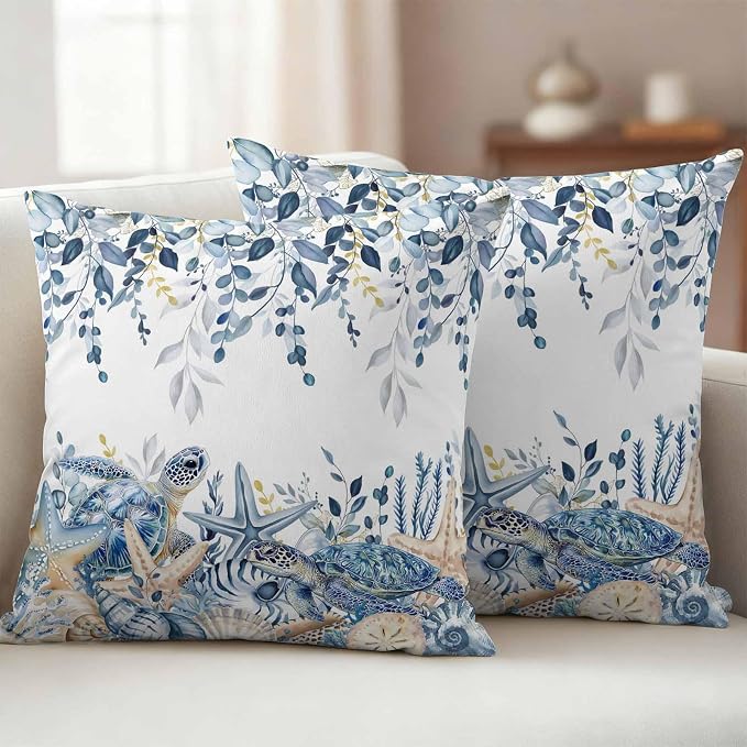 Pack of 2 Blue Turtle Coastal Outdoor Pillow Covers Decorative, Beach Coral Starfish Waterproof Pillow Protector, Nautical Sea Eucalyptus Throw Pillowcases Cushion Cases for Patio Couch Sofa 16"x16"
