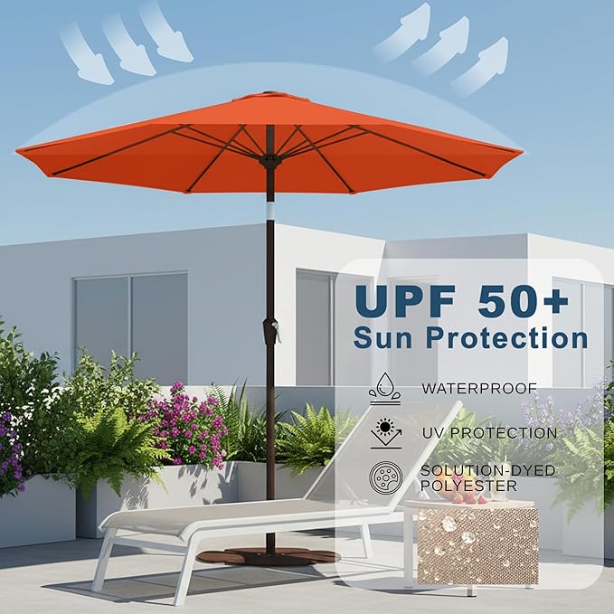 11FT Patio Umbrella, Outdoor Umbrella with with 8 Sturdy Fiberglass Ribs,Market Table Umbrella with Push Button Tilt and Crank,Suit for Backyard,Garden,Pool,Deck(Orange)