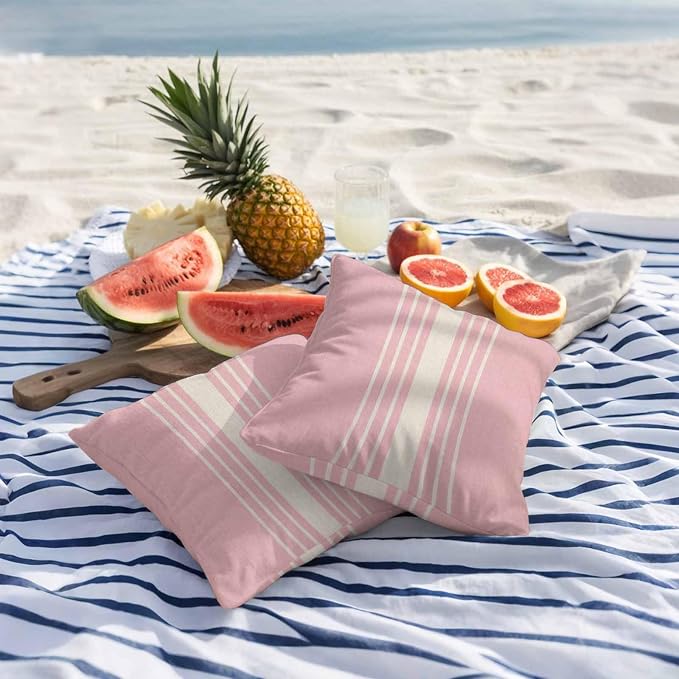 Pink Beige Striped Outdoor Pillow Covers 18x18 Inch Throw Pillow Covers Set of 2 Waterproof Decorative Pillow Cases Modern Farmhouse Retro Lines Cushion Covers for Patio Furniture Garden Couch Sofa