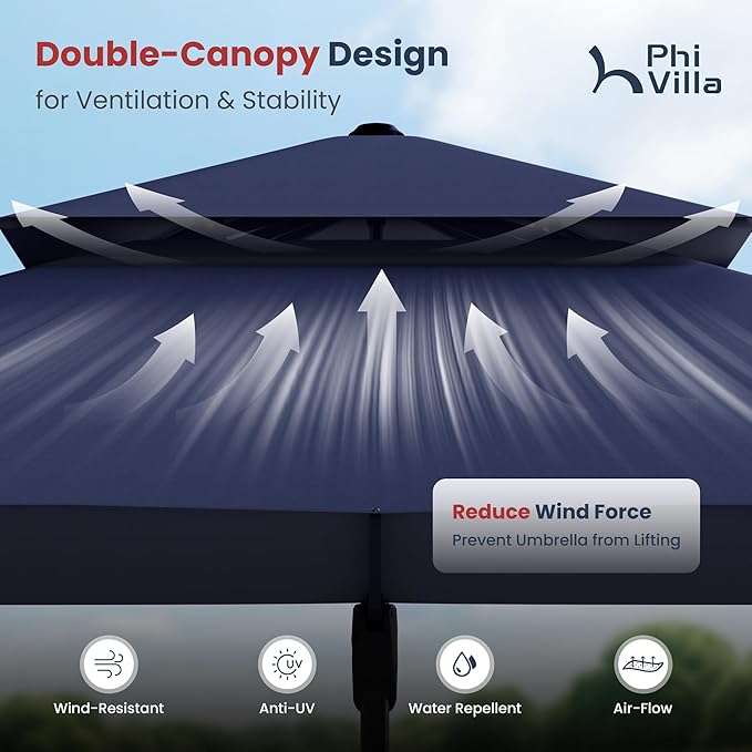 PHI VILLA 9' x 12' Rectangular Cantilever Patio Umbrella with Hydraulic Lift & 360° Rotation – Heavy Duty Windproof Offset Umbrella for Pool, Deck or Garden, Navy Blue