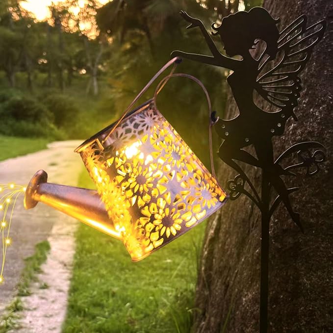 2Pack Solar Watering Can Lights,Waterproof Hollowed-Out Retro Metal Outdoor Lights,Fairy Solar Garden Lights Outdoor Decoration Gifts for Mom Grandma(Angel 1 Style)