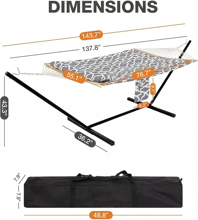 2 Person Portable Double Hammock with Stand, Outdoor Quilted Polyester Padded Hammock with Pillow, Adjustable Steel Hammock Stand for Patio, Garden, Beach, Backyard, Camping