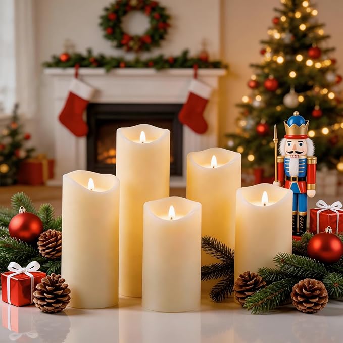 Flickering Flameless LED Candles with 5 PCS (H5 5.5" 6" 7" 8"), Fake Battery Operated Pillar Candles - 3D, Remote and Timers, Real Wax Candles for Home/Wedding/Fireplace Xmas Decor (Ivory)