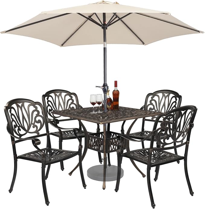 VINGLI 5-Piece Cast Aluminum Outdoor Patio Dining Set with 9ft Umbrella, Space-Saving Stackable Chairs & Table for Yard, Garden, Porch, Poolside, Square Table