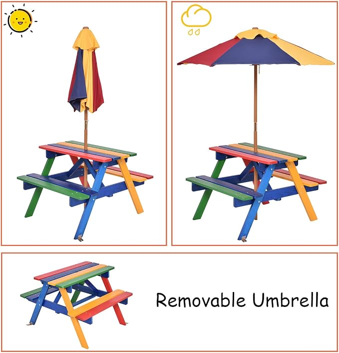 Costzon Kids Picnic Table Set, Colorful Wood Picnic Table and Benches with Removable/Folding Umbrella, Children Rainbow Bench Outdoor Patio Set