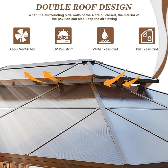 EROMMY 12'x20' Gazebo Polycarbonate Double Roof Canopy Outdoor Aluminum Frame Pergolas with Netting and Curtains for Garden Patio Lawns Parties