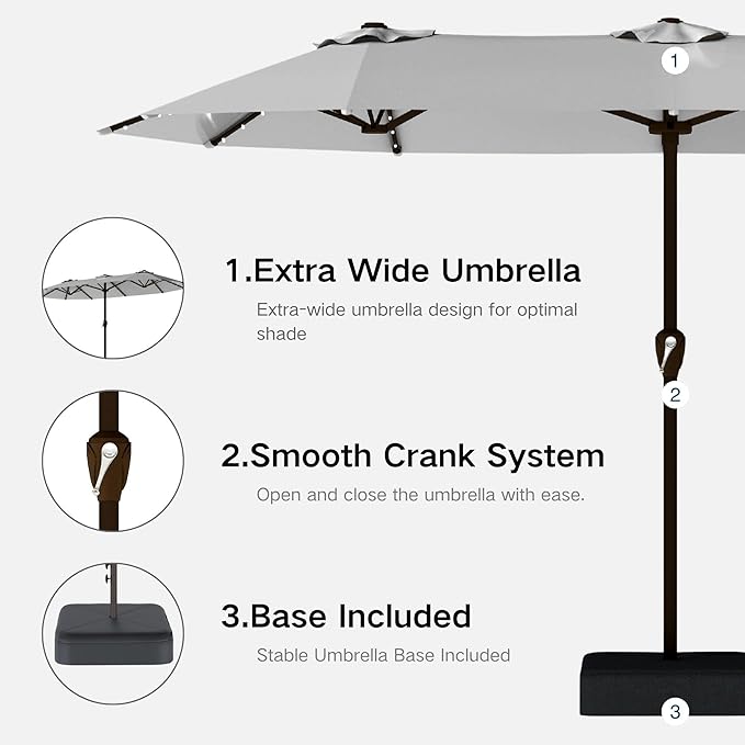 Kingdura 15ft Large Patio Umbrella with Solar Lights, Double-Sided Rectangle Lighted Outdoor Table Umbrella with Base Included, 12 Reinforced Ribs, 48 Led Lights, Crank Lift for Market Pool Deck Backyard, Light grey