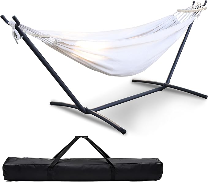2 Person Hammock with Stand for Indoor & Outdoor, 550lbs Sturdy Steel Frame - Anti-Flip Curved Bars Safety - Comfortable Cotton Portable Hammock for Patio, Sunroom, Bedroom, Natural Beige