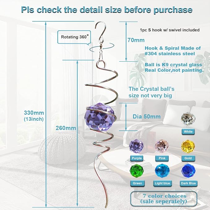 Fonmy Gazing Ball Spiral Tail -Decorative Wind Spinner Sun Catcher Rainbow Maker 11 inch Tail and 2 inch Purple Crystal Orb. Indoor Outdoor Garden Decoration -13 inch Height