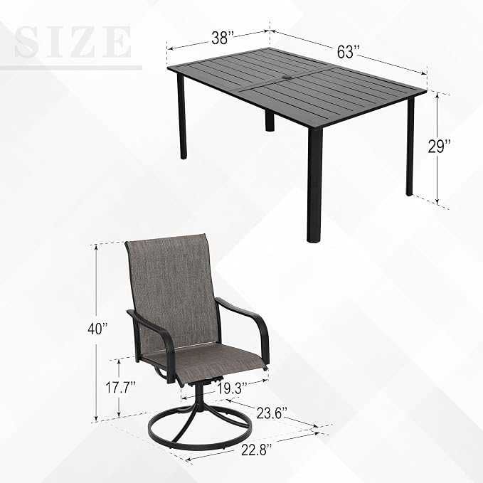Anmutig 7-Piece Outdoor Patio Dining Set with 6 Swivel Chairs, Outdoor Furniture Steel Frame Slat Rectangular Table with 1.57" Umbrella Hole for Backyard, Light Tan