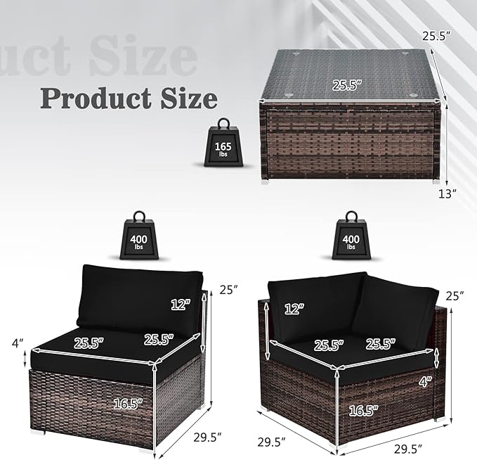 Tangkula 6 Pieces Patio Furniture Set, Outdoor Wicker Conversation Set with Glass Coffee Table, Wicker Sofa Set with Back & Seat Cushions, Rattan Sectional Conversation Couch Set for Backyard Garden