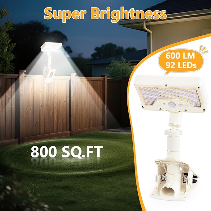 Clip On Solar Lights Outdoor with Motion Sensor, 360°Rotatable & Vertically Adjustable Solar Fence Lights with 92 LEDs (600 LM, 6000 K),IP65 Waterproof Security Light for Deck, Gutter（White, 2 Pack）