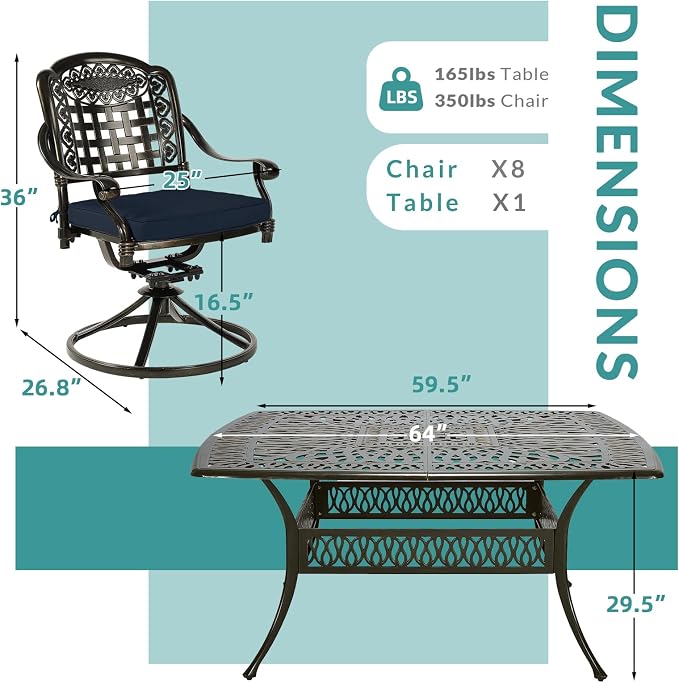 MEETWARM 9-Piece Outdoor Patio Dining Set, All Weather Cast Aluminum Patio Funiture Table and Chairs Set- Large 64" Square Table and 8 Cushioned Swivel Rocker Chairs, Umbrella Hole, Navy Blue