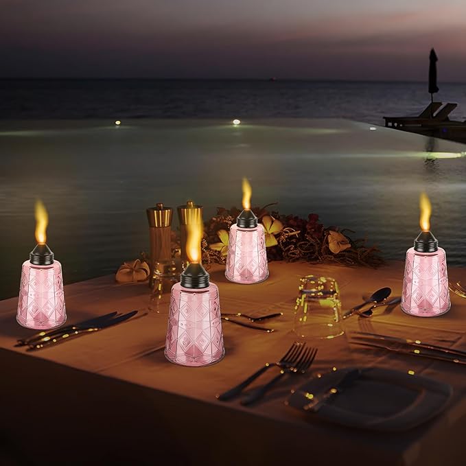 4-Pack Glass Table Top Torches - 12oz Refillable Citronella Torches Canisters for Outdoor, Includes Wick & Cap, Decorative Lanterns for Patio, Garden, Yard, Party, Landscape (4 Pack-Pink)