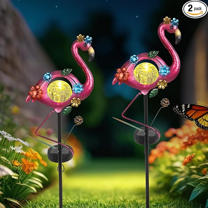 Solar Flamingo Garden Stake Lights Outdoor 2 Pack Metal Flamingo Lawm Ornament Waterproof Decorative Garden Stakes Patio Gifts for Women Mam Girls Landscape Outside Decorations for Yard