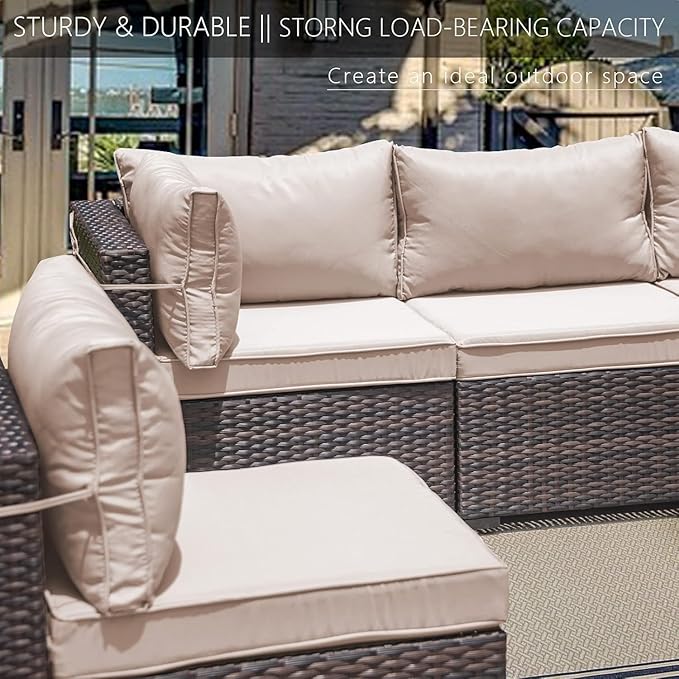 ALAULM 7 Pieces Patio Furniture Set Wicker Patio Conversation Set, Outdoor Sectional Furniture w/Coffee Table & Washable Seat Cushions-Sand