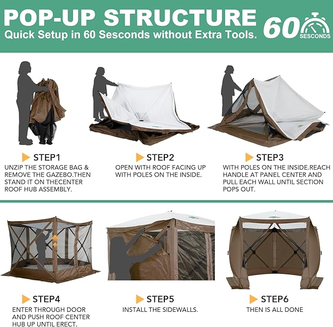 COBIZI 10x10 FT Pop up Gazebo, Popup Canopy tent,Screened In Gazebos with sidewalls, Waterproof Portable Outdoor Small Screen tents Sun Shelter,carpas para patio for Camping, Garden and Backyard,Brown