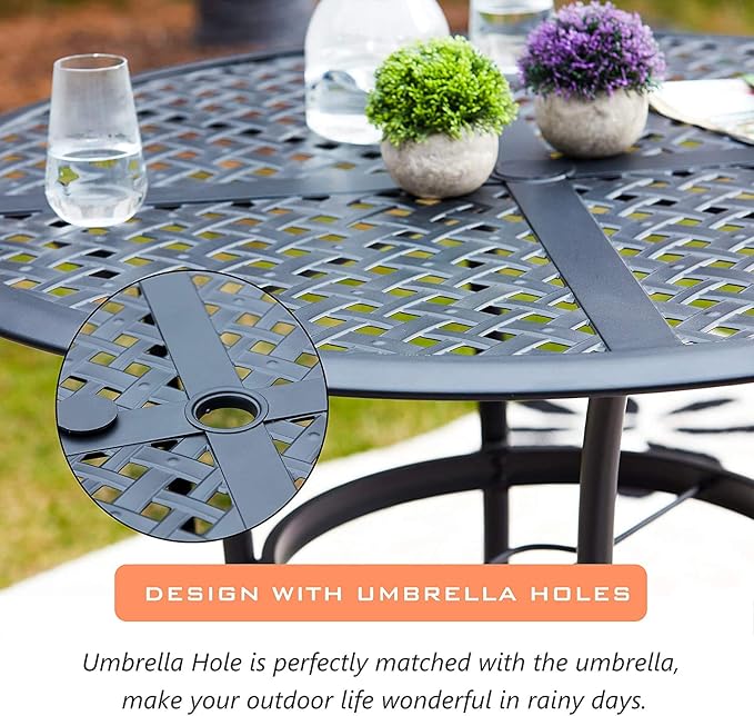 LOKATSE HOME 5-Piece Outdoor Patio Metal Dining Set with Iron Armrest Cushioned Chairs and Steel Round Table with Umbrella Hole, Grey Dining Set
