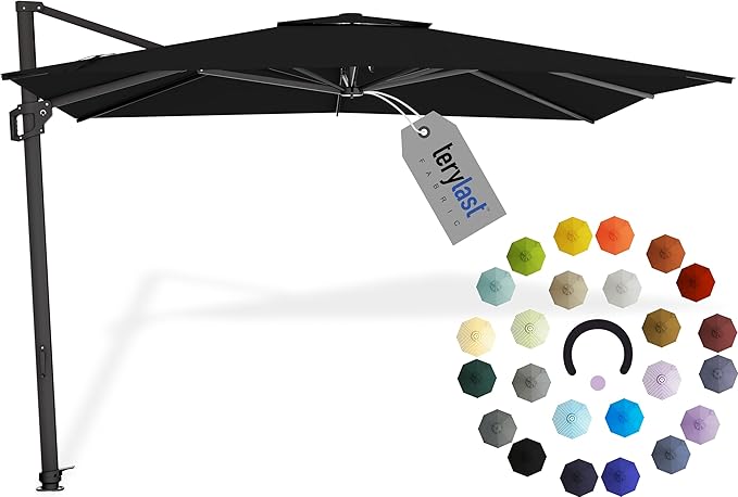 Midtown Umbrellas 9 x 9 Ft Outdoor Cantilever Patio Umbrella w/Terylast Ebony Black Fabric - Rotate 360° Offset Patio Umbrella, Deck Patio Umbrella, Backyard Umbrella & Garden Umbrella - Black Frame