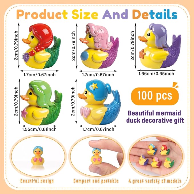 Novabright 100 Pcs Mini Resin Mermaid Ducks Tiny Resin Small Ducks Mini Animal Figurines for DIY Cake Craft Garden Landscape Ornament Potted Decoration Birthday Party Supplies