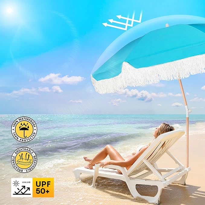 Lefedrasticity Boho Outdoor Umbrella with Tassels,6ft Table Umbrella Outdoor Patio with Knobs Tilt,Wind Resistant Portable Beach Umbrella UPF50+ Fringe Umbrellas For Pool Backyard Deck Garden