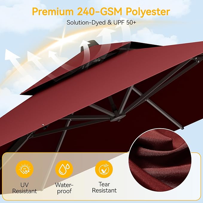 10x10 FT Patio Cantilever Umbrella (Base Not Included) (Base Not Included), Rectangular Heavy Duty Offset Umbrella for 6-8 People, 360°Rotation & Mult Tilt, Double Top Design, for Pool Garden Deck (Red)
