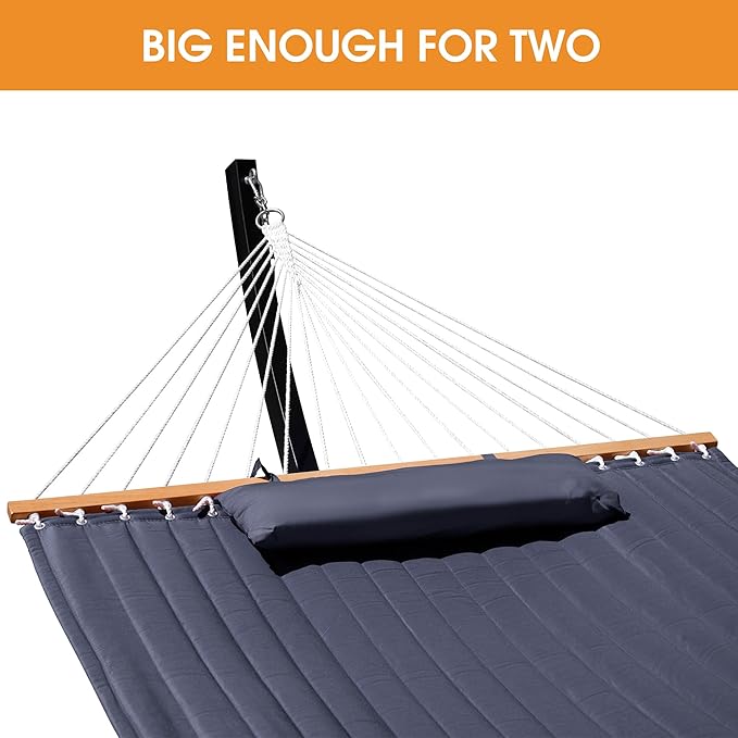 Lazy Daze Hammocks 12 FT 2 Person Double Quilted Hammock with Curved Steel Heavy Duty Stand and Pillow for Outside, Backyard, Patio, 450 Lbs Capacity, Dark Grey