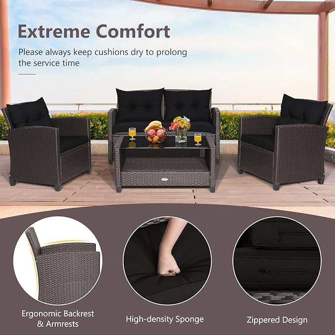 Tangkula 8-Piece Patio Furniture Set, Rattan Wicker Chair Set with 2 Loveseat, 4 Single Sofas, 2 Coffee Table with Tempered Glass Top, Outdoor Furniture Sets for Backyard, Porch, Garden and Poolside