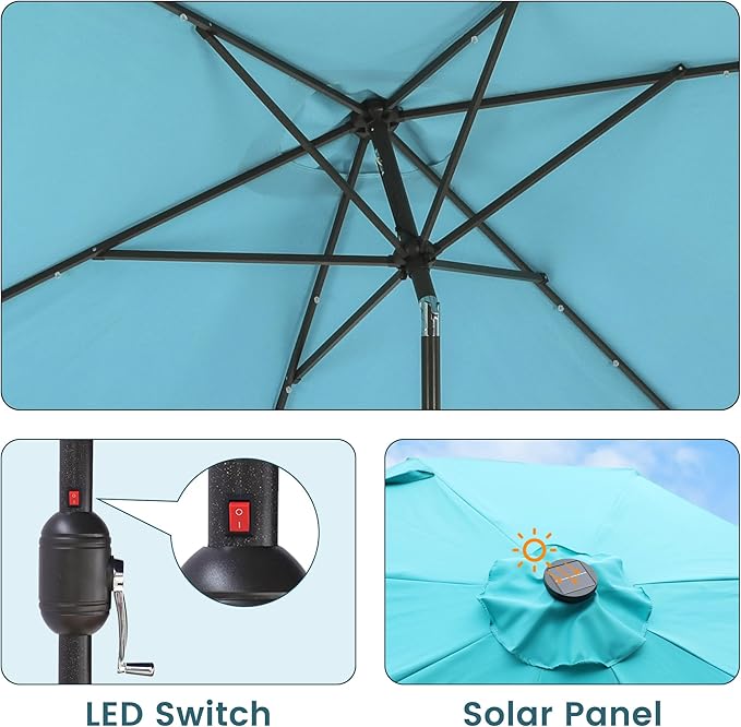 MONDAWE Rectangular Market Umbrella with Lights 10 x 6.5 FT Outdoor Solar LED Patio Umbrella Tilt and Crank Aluminum Commercial Table Umbrella for Pool Backyard Balcony