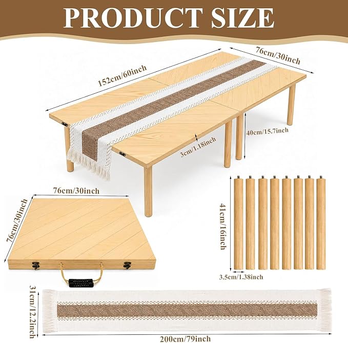 60" x 30" Low Picnic Table with 8 Wooden Legs Boho Table Runner Folding Picnic Table Portable for Indoor Outdoor Use Ideal for Backyard Picnic Beach Weddings Garden Parties (Herringbone)