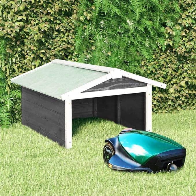 Wooden Robotic Lawn Mower Garage, Outdoor Garden Tool Shelter Shed with Roof for Automatic Mower Protection, Weatherproof Gray and White