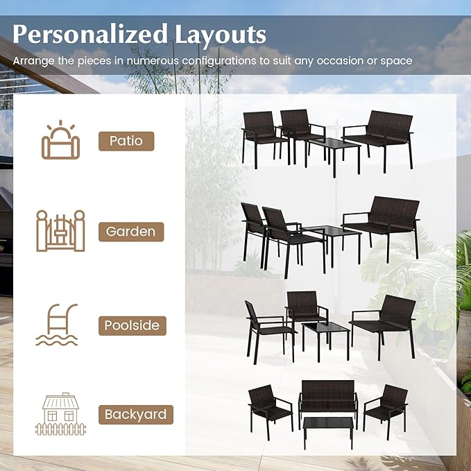 HAPPYGRILL 4 Pieces Outdoor Patio Wicker Furniture Set, Conversation Set with Coffee Table, PE Rattan Chairs with Galvanized Metal Frame for Small Space, Balcony, Poolside, Backyard (Mix Brown)