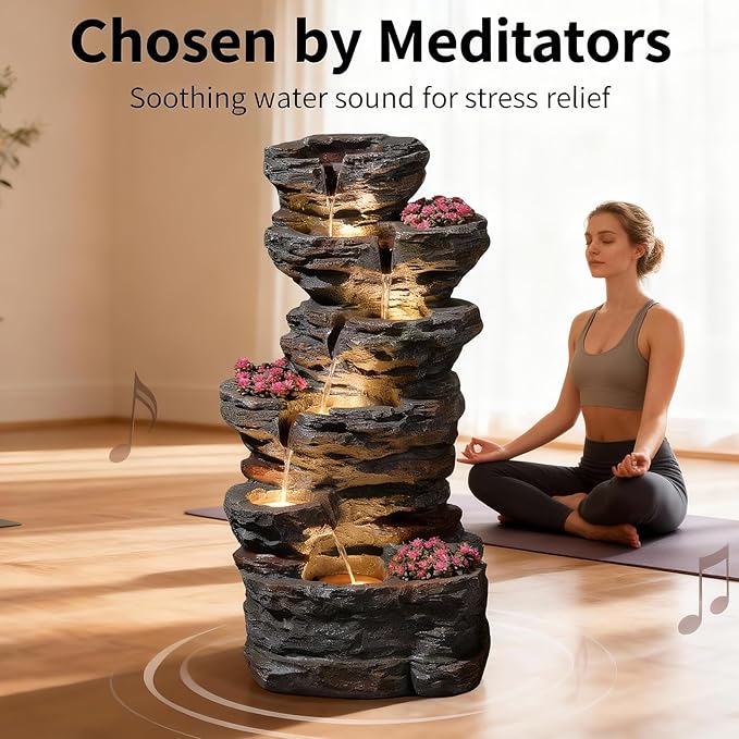 32.7" Outdoor Fountain with 3 Planter Slots, 6-Tier Modern Cascading Rock Waterfall Fountain with 3000K Warm LED Lights & Pebbles for Garden, Patio, Backyard, Deck and Home Decor