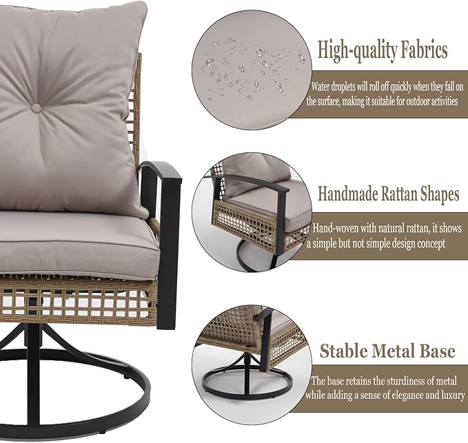 3 Pieces Patio Bistro Set, Outdoor Wicker Swivel Rocking Chairs with High Back, Rocking Patio Conversation Set with Table, Patio Swivel Glider Chair, Patio Furniture Sets, Off-White