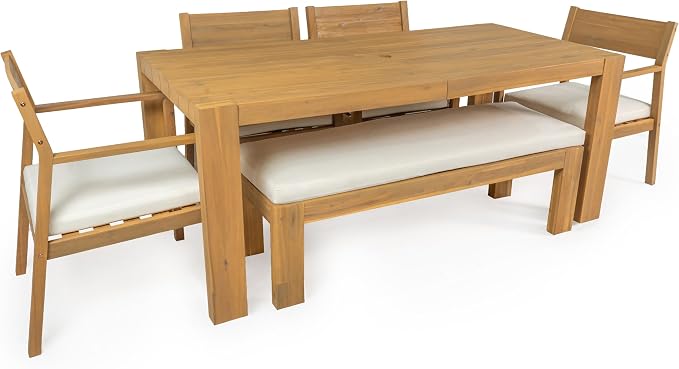 RUNNA 6-Piece Patio Dining Table Set, Outdoor Furniture Sets with Umbrella Hole, 71" Rectangular Table, Chairs and Bench with Removable Cushions for Backyard, Garden, Poolside (Beige,Light Teak)