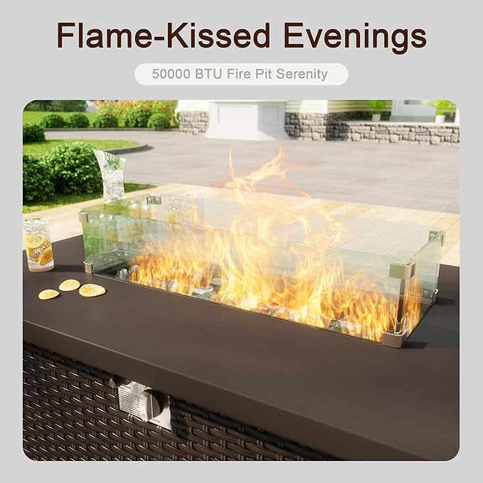 4 Pieces Patio Furniture Set, Metal Outdoor Conversation Sets with Fire Pit Table for Backyard Garden Deck Porch Poolside (Thick Gray Cushions)