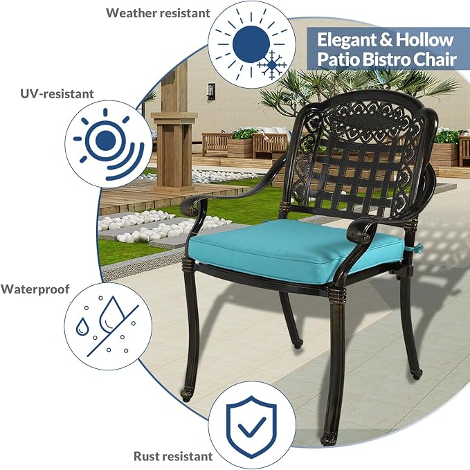 5-Piece Outdoor Patio Dining Set, All-Weather Cast Aluminum Furniture Conversation Set, Include 4 Cushioned Chairs and a 38.5” Round Table with Umbrella Hole for Balcony, Lawn, Ocean Blue