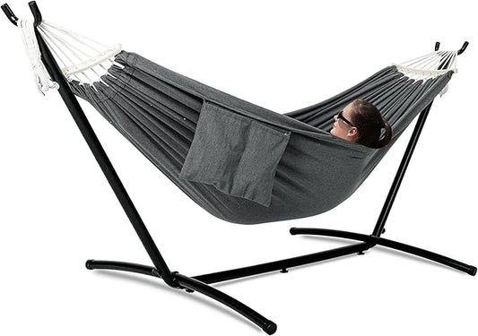 GAFETE Double Hammock with Stand for Outside, Upgraded Spreader Bar, Heavy Duty Space Saving Steel Stand 2 Person, Side Pocket, Easy Assembly, 600lbs Weight Capacity, Indoor & Outdoor (Dark Grey)