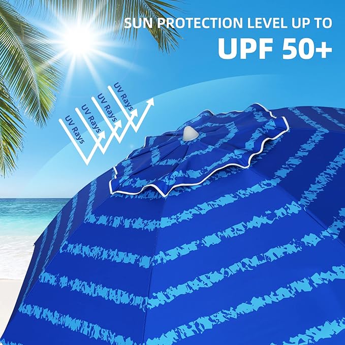 AMMSUN Beach Umbrellas for Sand Heavy Duty Wind Portable, 6.5 ft Beach Umbrella with Sand Anchor & UV Protection, Carry Bag for Outdoor Patio Garden Outdoor, Blue