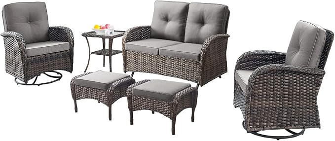 Belord 6 Piece Patio Conversation Sets - Wicker Patio Furniture Sets with Outdoor Swivel Rocker Chairs, Glider Loveseat Perfect for Patio Deck Backyard, Brown Wicker Grey Cushion