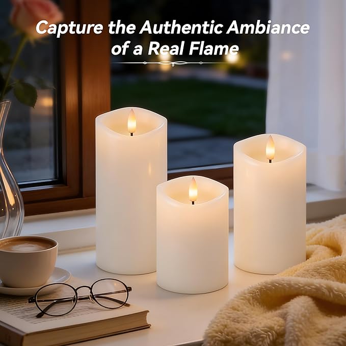 Rechargeable Flickering Flameless Candles Melted Edge Battery Operated with Remote and Timer, Real Wax LED USB Type-C Pillar Candles, Set of 3 (3" x 4",5",6"), White,Home Decor