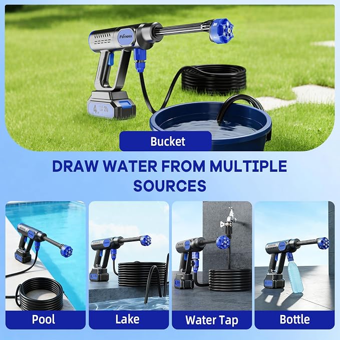 Portable Handheld Cleaning Tool, 6-in-1 Nozzle & Foam Cannon with 32ft Hose for Car & Window Cleaning, Patio, Garden and Home Use with 2-in-1 Water Tank & Storage