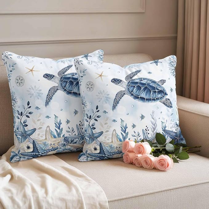 Pack of 2 Blue Turtle Coastal Outdoor Pillow Covers Decorative, Beach Starfish Waterproof Pillow Protector, Nautical Coral Botanical Throw Pillowcases Accent Cushion Cases for Patio Couch Sofa 16"x16"