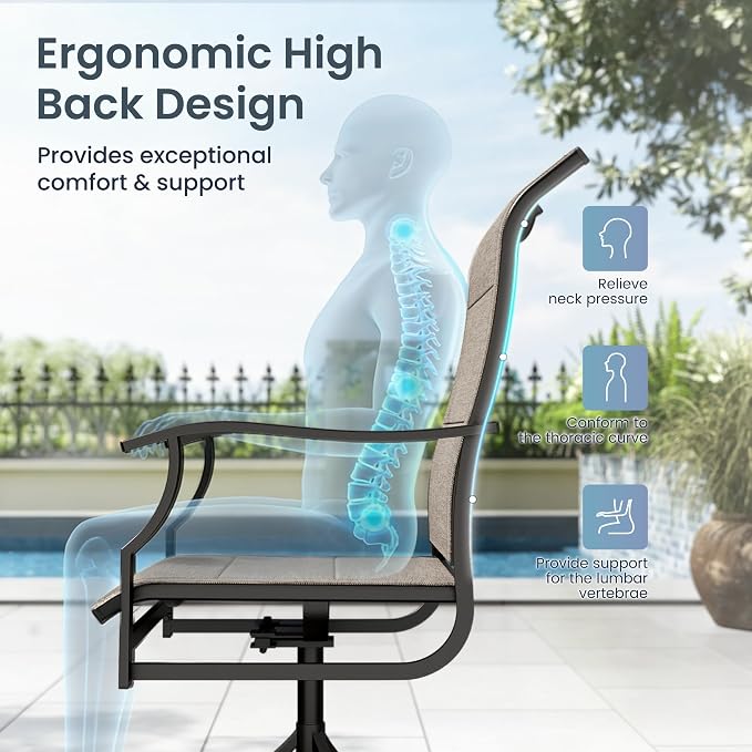 PHI VILLA Outdoor Dining Set for 8, Square Table & High Back Swivel Chairs | Padded Textilene, High back & Ergonomic, Metal table, Umbrella hole, Weather resistant, Heavy-duty, Patio backyard deck