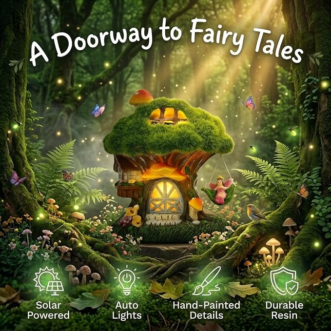 TERESA'S COLLECTIONS Fairy House Outdoor Statues with Solar Light for Garden Decor, Green Moss Resin Outdoor Cottage with Swinging Fairy, Lawn Ornaments Yard Decor Gifts for Mom Women, 5.1"